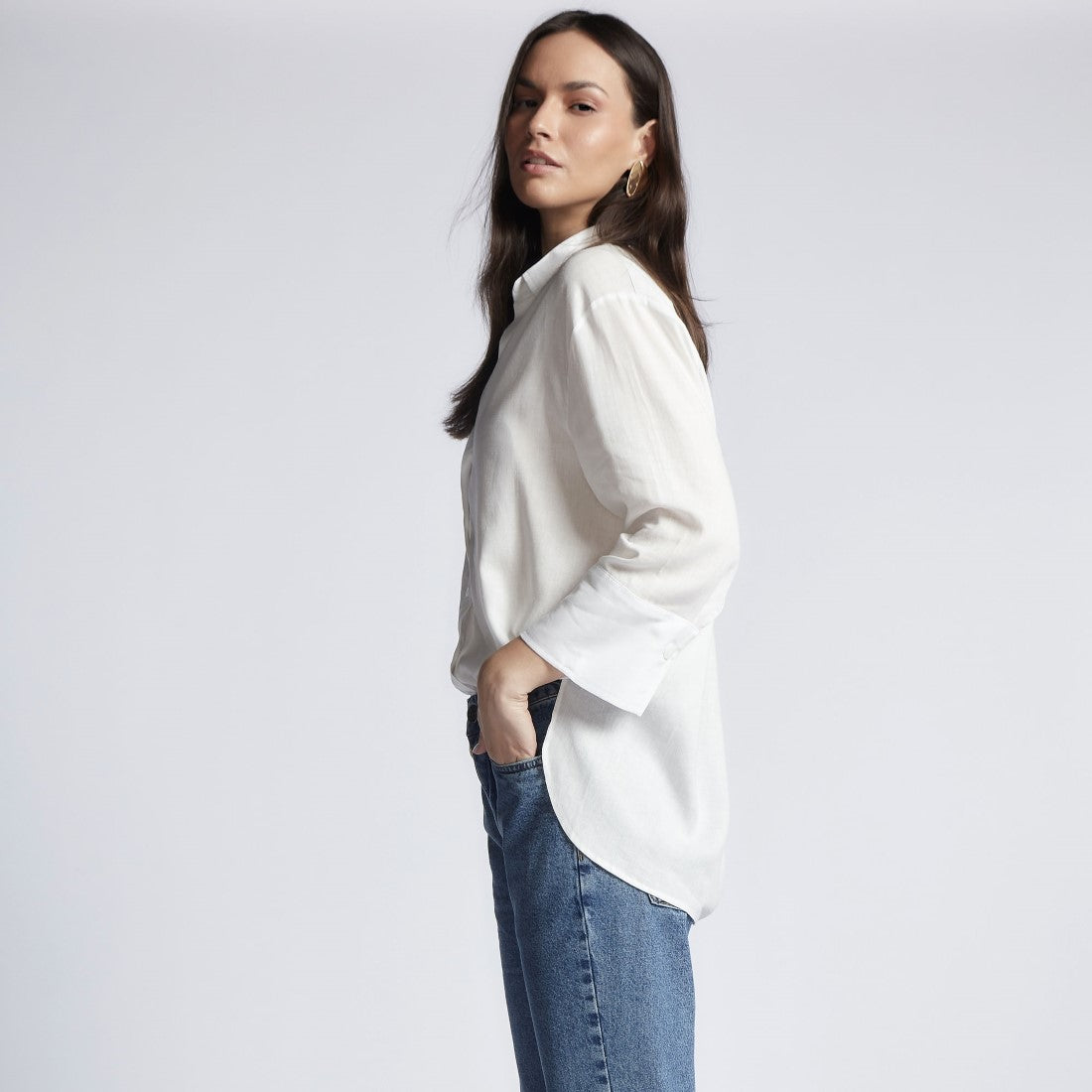 Camisa Social Viscolinho Feminina Overzised Branco 1735/1