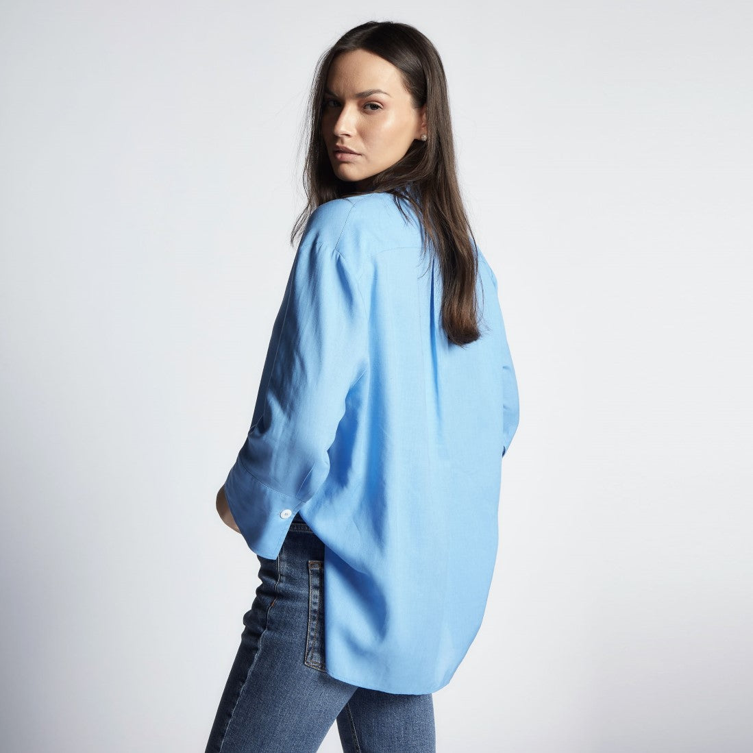 Camisa Social Viscolinho Feminina Overzised Azul 1735/2