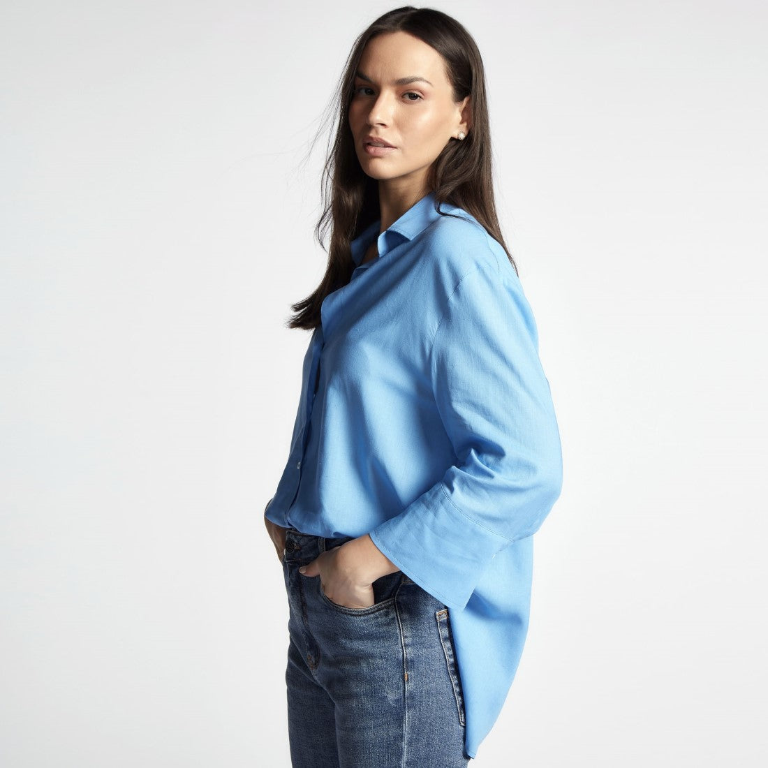 Camisa Social Viscolinho Feminina Overzised Azul 1735/2