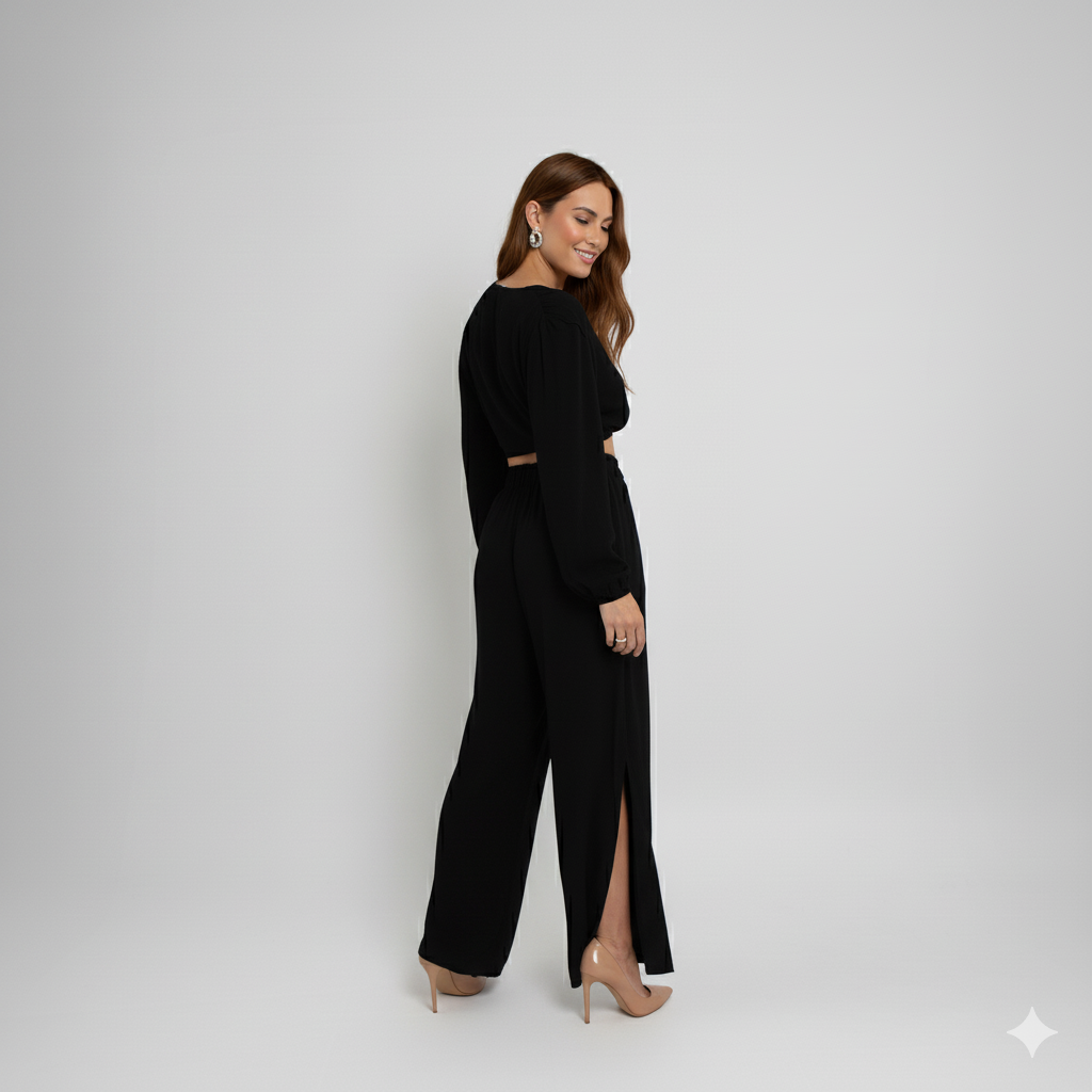 Calça Wide Leg Feminina em Viscose – Elástico na Cintura e Fenda Lateral LG2373