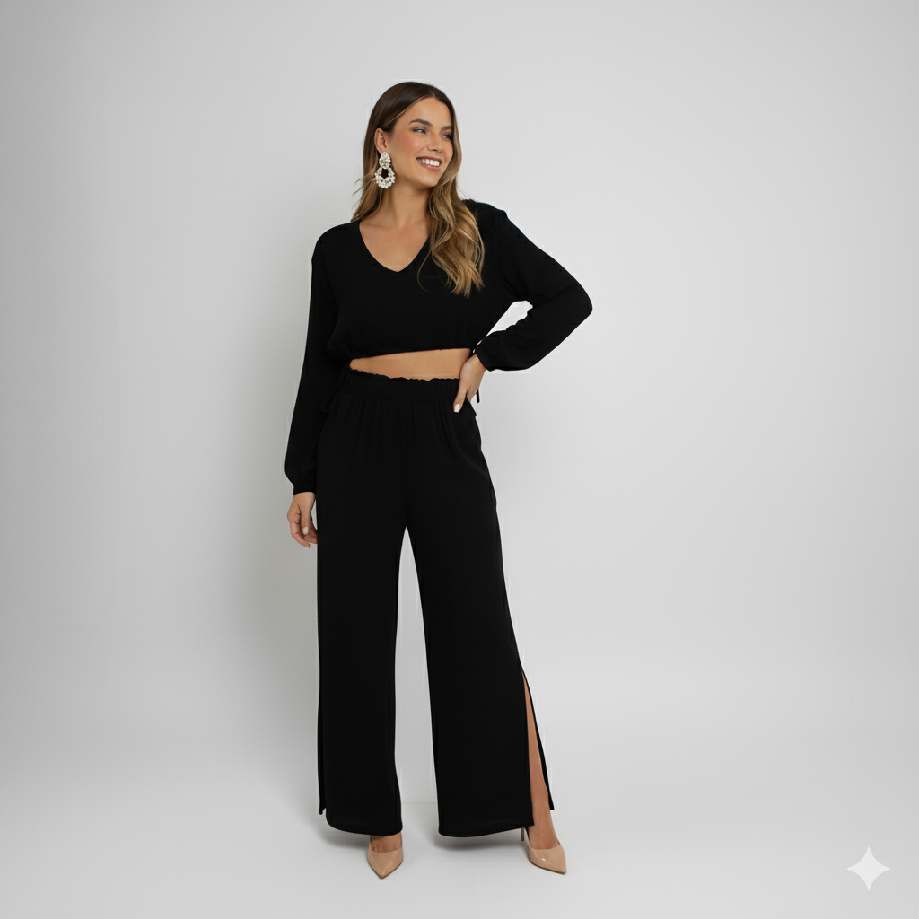 Calça Wide Leg Feminina em Viscose – Elástico na Cintura e Fenda Lateral LG2373