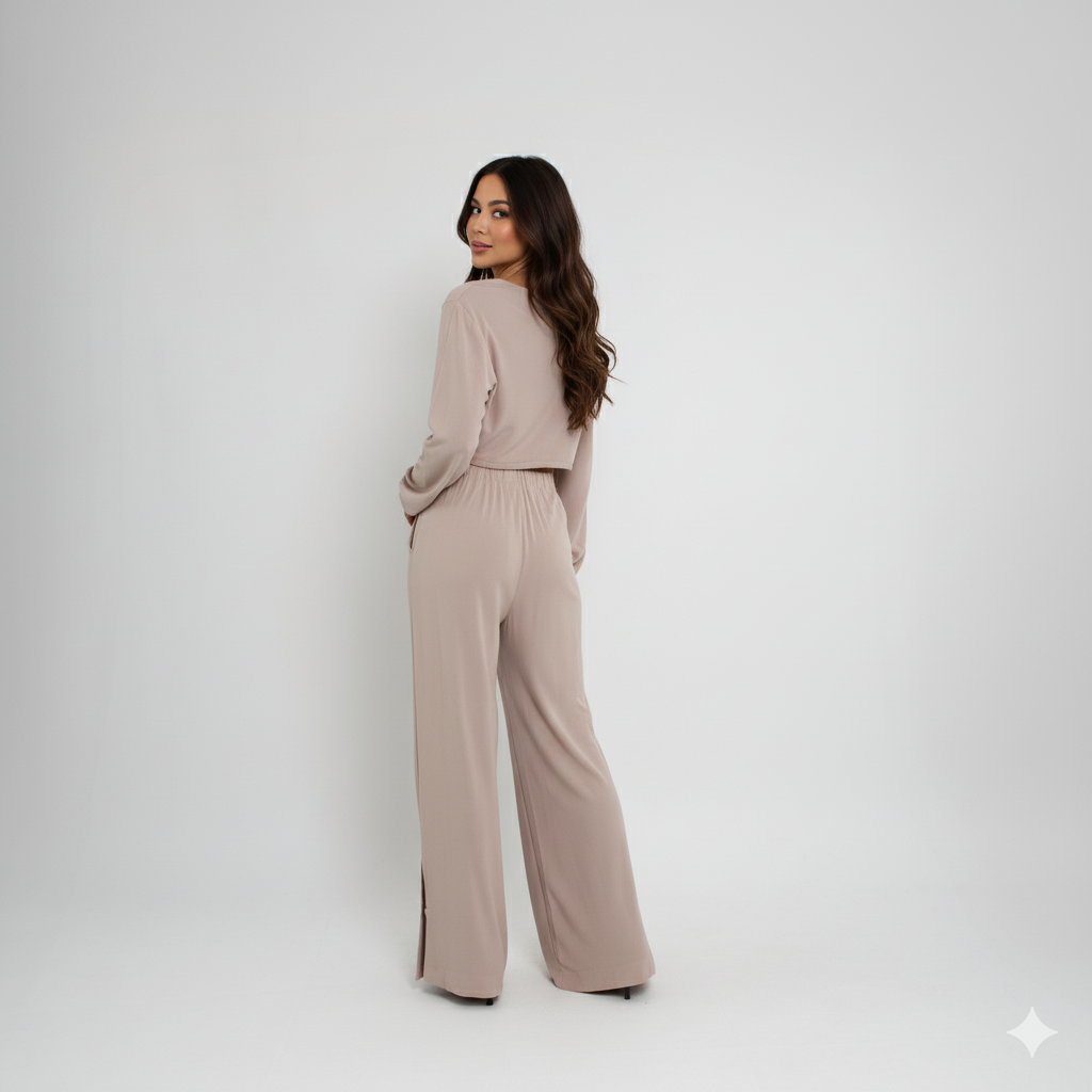 Calça Wide Leg Feminina em Viscose – Elástico na Cintura e Fenda Lateral LG2374