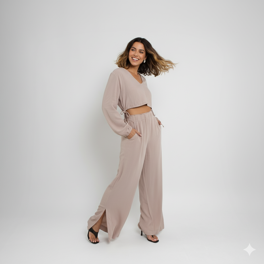 Calça Wide Leg Feminina em Viscose – Elástico na Cintura e Fenda Lateral LG2374