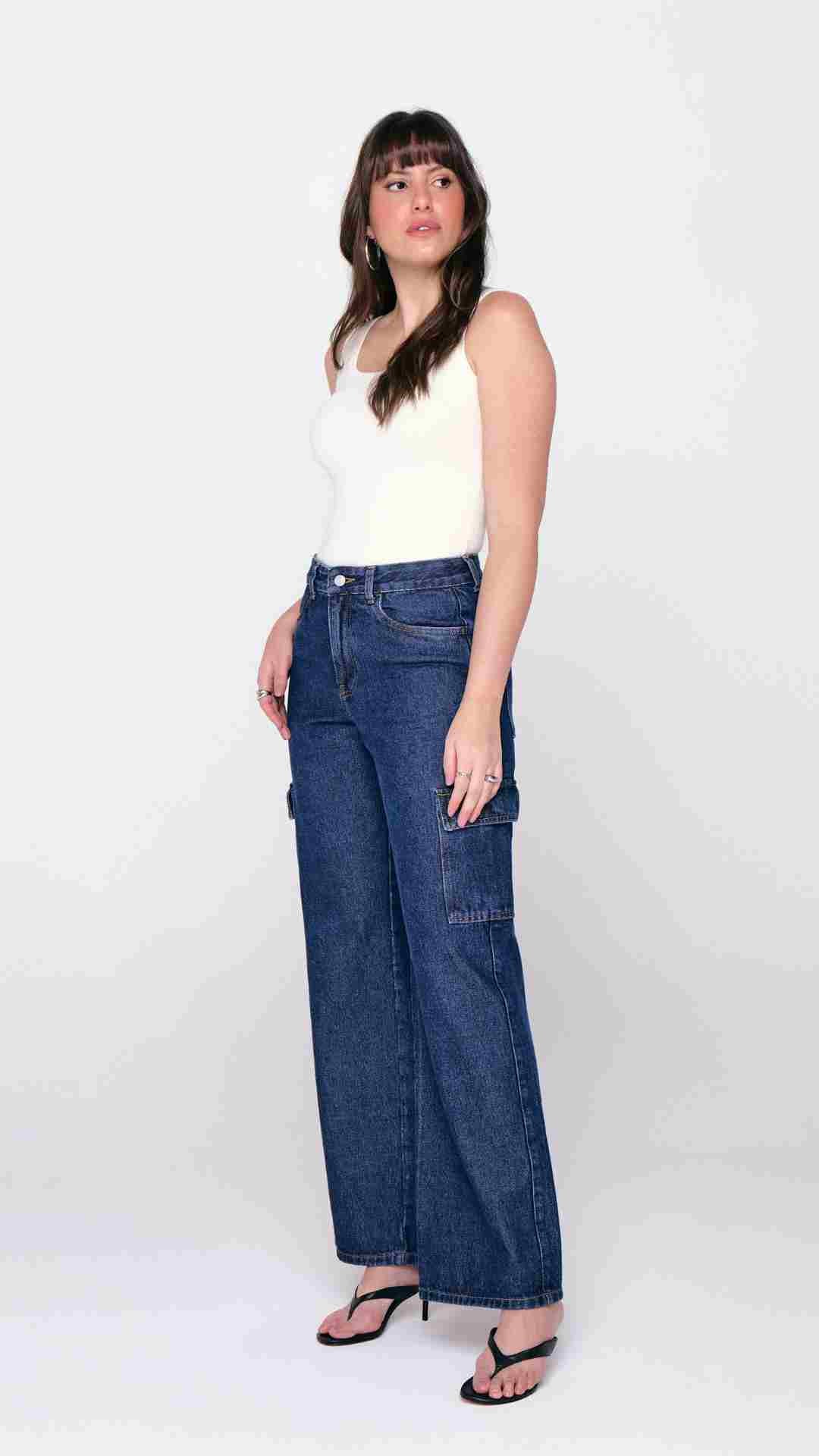 CALÇA FEMININA WIDE LEG CARGO ESCURO