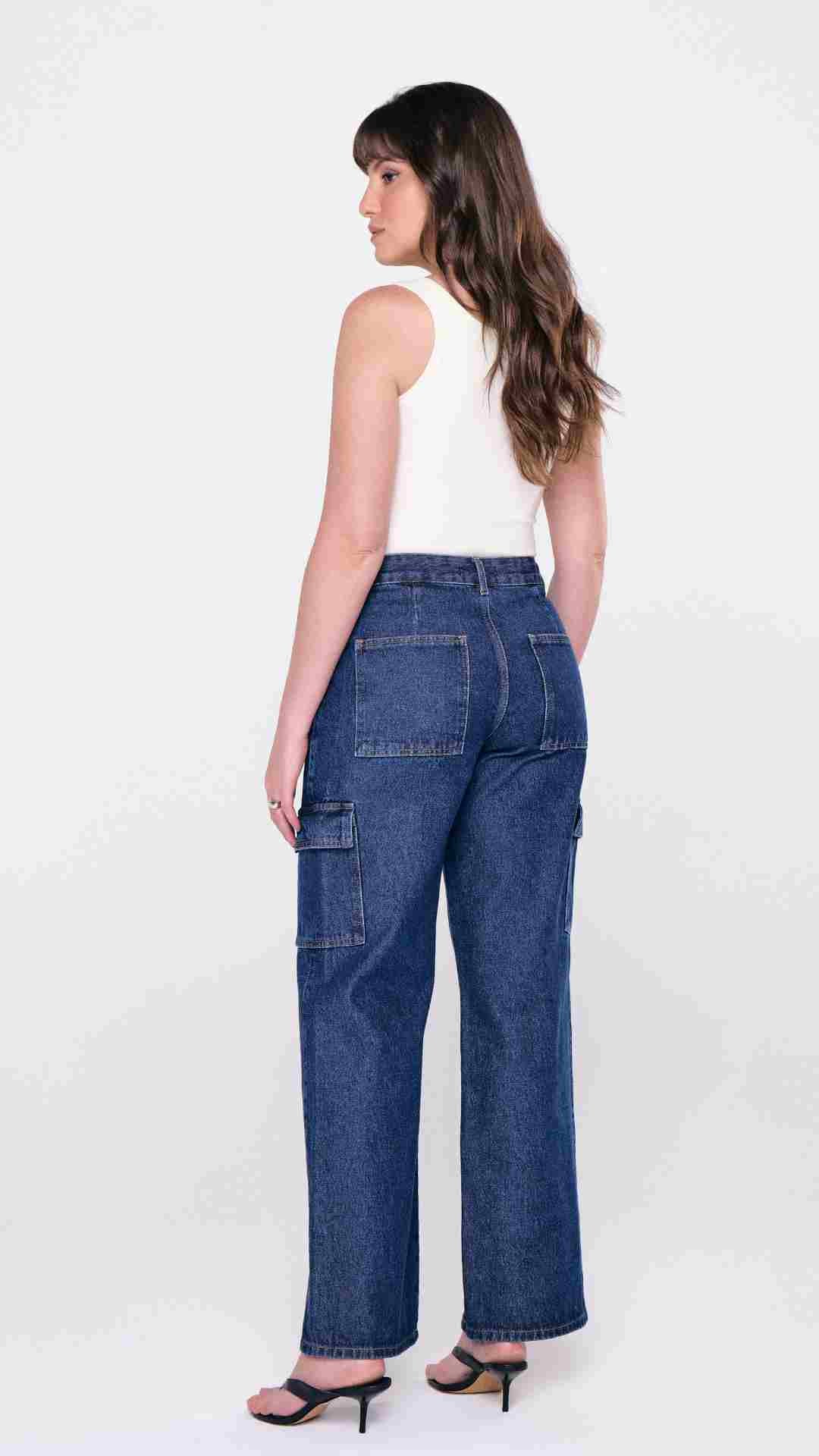 CALÇA FEMININA WIDE LEG CARGO ESCURO