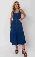 VESTIDO MIDI FEMININO DECOTE QUADRADO JEANS ESCURO