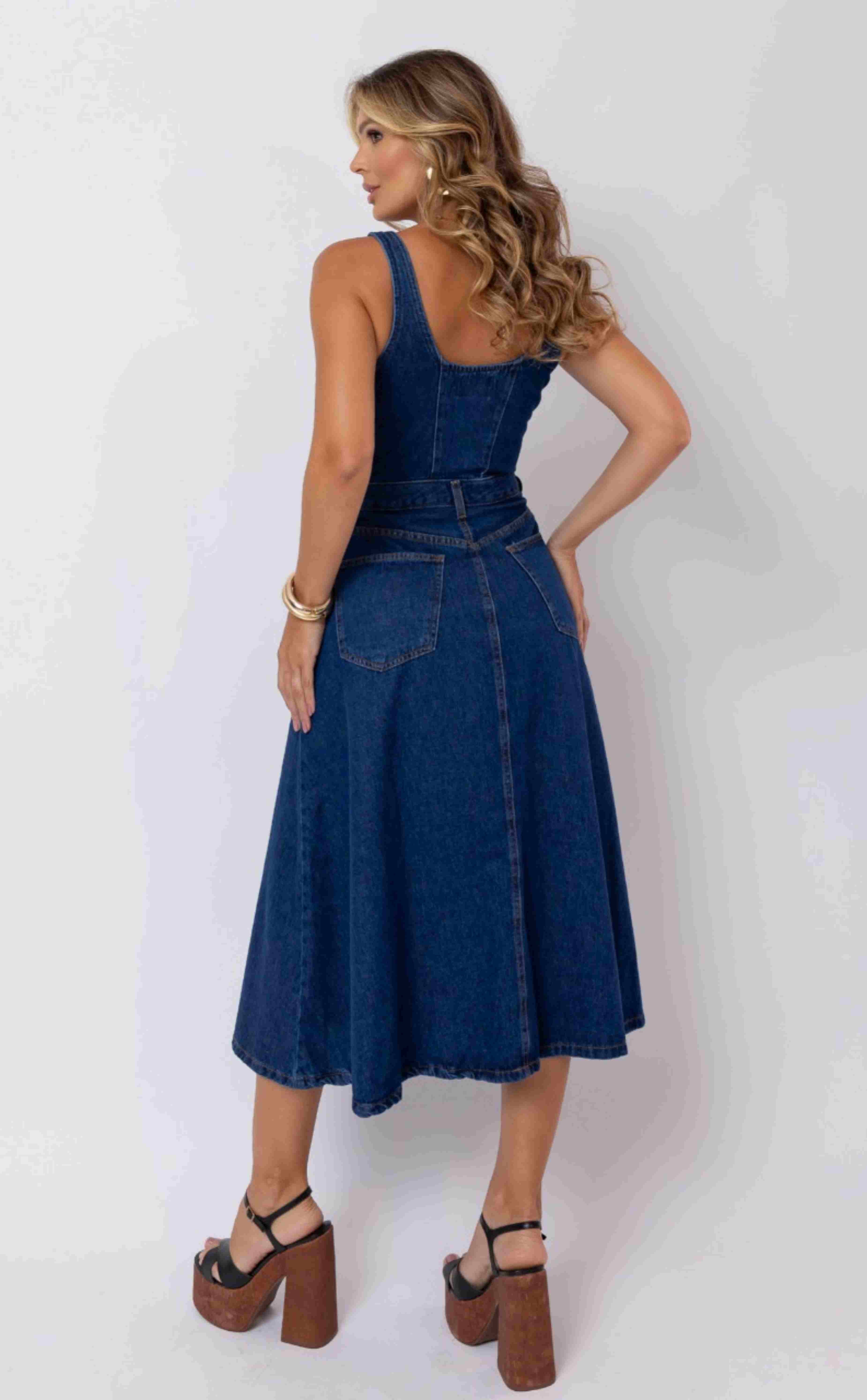 VESTIDO MIDI FEMININO DECOTE QUADRADO JEANS ESCURO