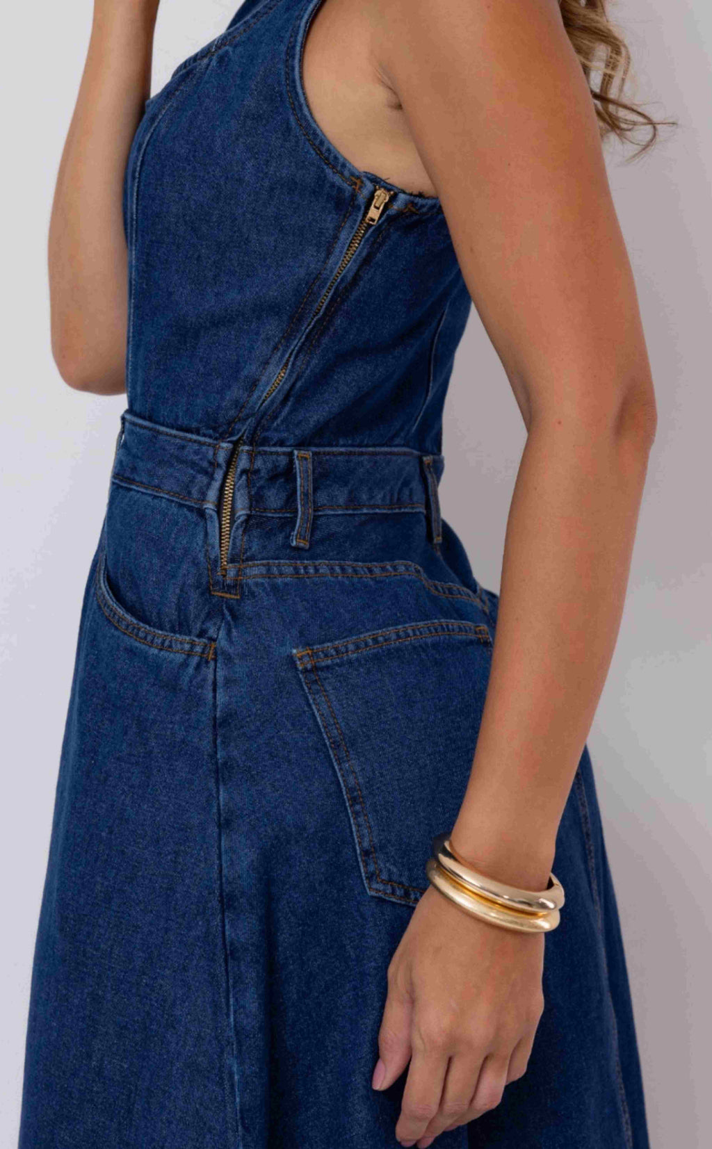 VESTIDO MIDI FEMININO DECOTE QUADRADO JEANS ESCURO